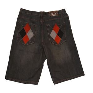 Royal Republic Mens Jean Shorts Size 36 Argyle Pockets Black Denim Streetwear